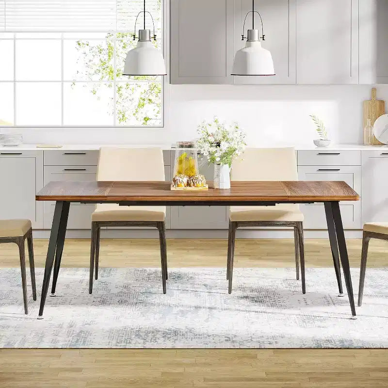 70.9 Inch Large Rectangular Dining Table Kitchen Furniture, Brown+Black
