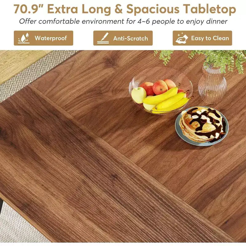70.9 Inch Large Rectangular Dining Table Kitchen Furniture, Brown+Black