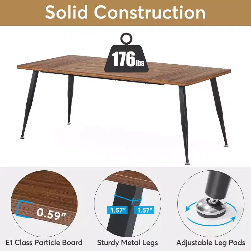 70.9 Inch Large Rectangular Dining Table Kitchen Furniture, Brown+Black