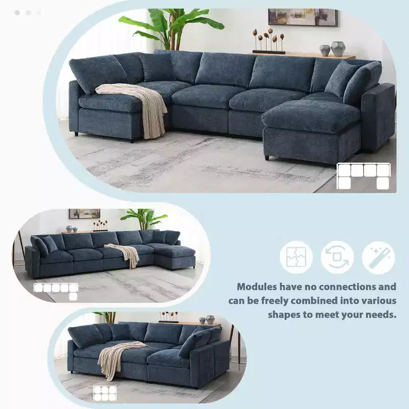 6-Piece Modular Chenille Cloud Sofa Bed with Ottoman