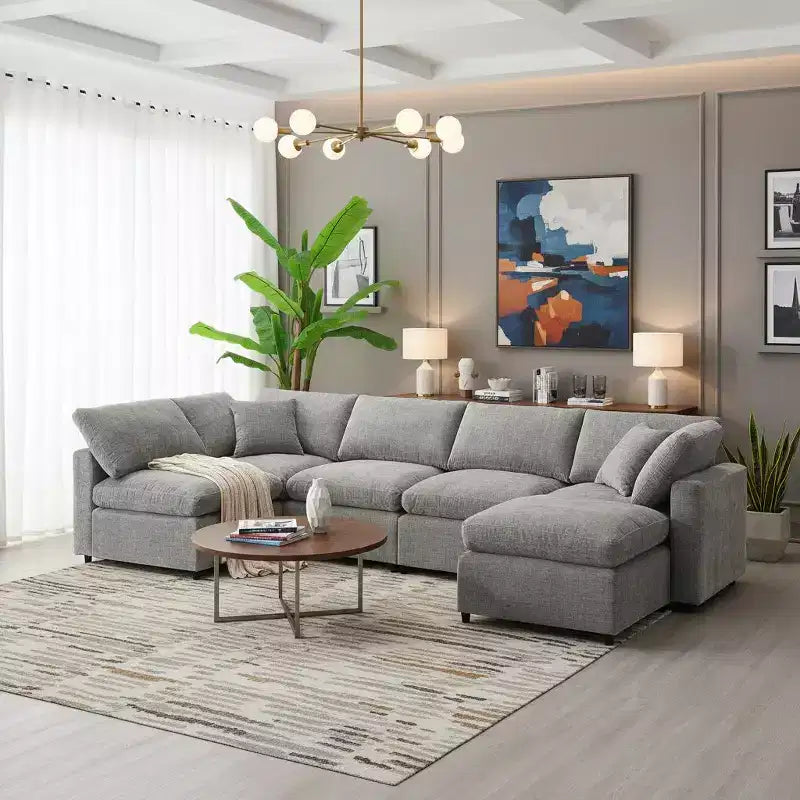 6-Piece Modular Chenille Cloud Sofa Bed with Ottoman
