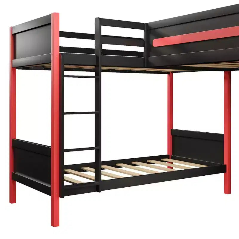 Twin Size L-Shaped Bunk Bed with Twin Size Gaming Loft Bed Frame, Built-in Desk, Shelves - Black & Red