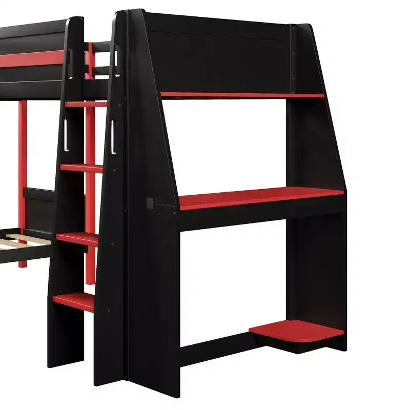 Twin Size L-Shaped Bunk Bed with Twin Size Gaming Loft Bed Frame, Built-in Desk, Shelves - Black & Red
