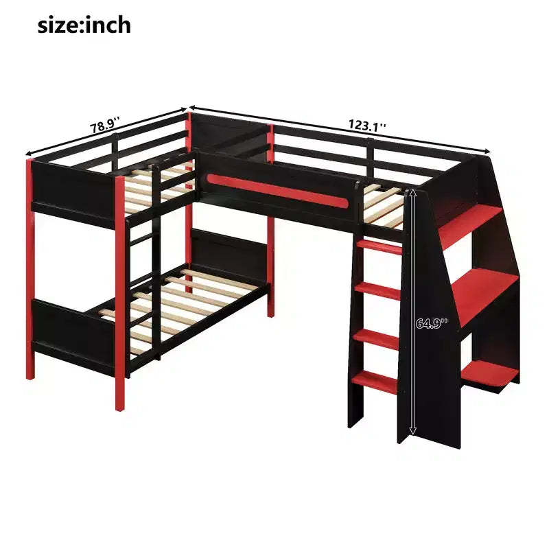 Twin Size L-Shaped Bunk Bed with Twin Size Gaming Loft Bed Frame, Built-in Desk, Shelves - Black & Red