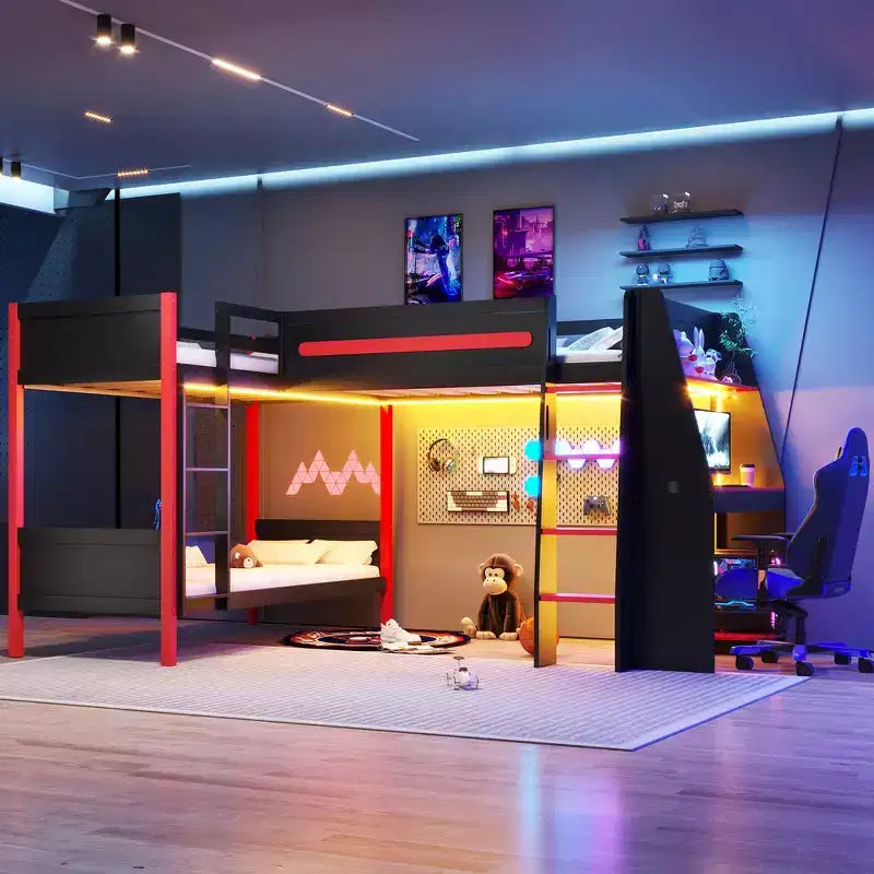 Twin Size L-Shaped Bunk Bed with Twin Size Gaming Loft Bed Frame, Built-in Desk, Shelves - Black & Red