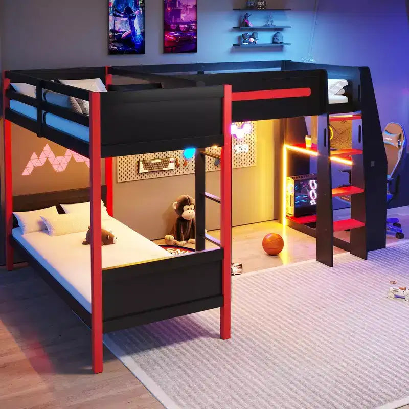Twin Size L-Shaped Bunk Bed with Twin Size Gaming Loft Bed Frame, Built-in Desk, Shelves - Black & Red