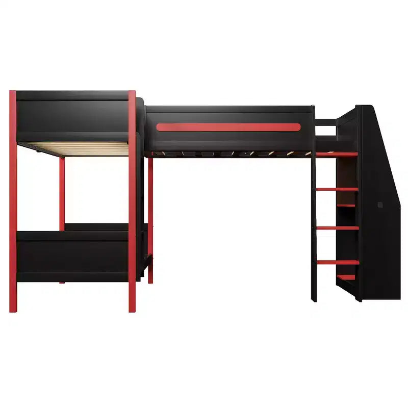 Twin Size L-Shaped Bunk Bed with Twin Size Gaming Loft Bed Frame, Built-in Desk, Shelves - Black & Red