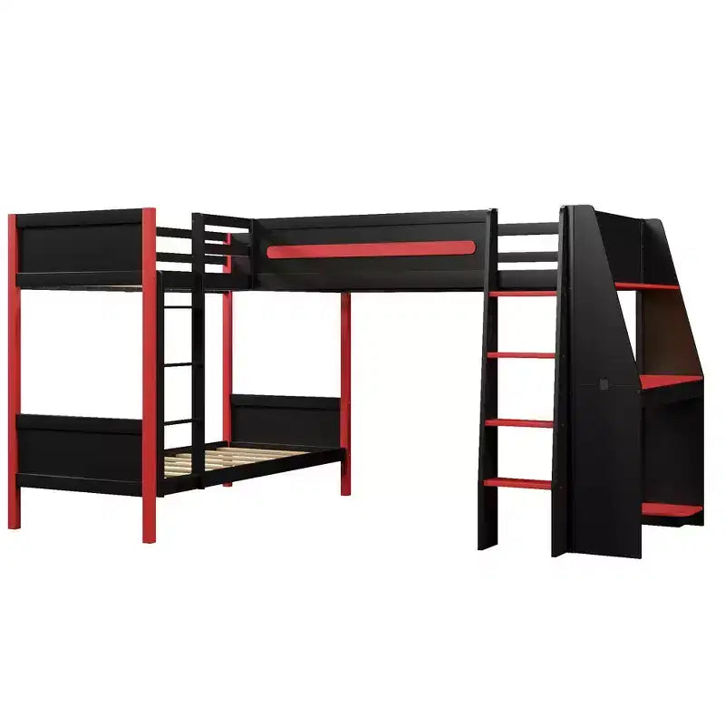 Twin Size L-Shaped Bunk Bed with Twin Size Gaming Loft Bed Frame, Built-in Desk, Shelves - Black & Red