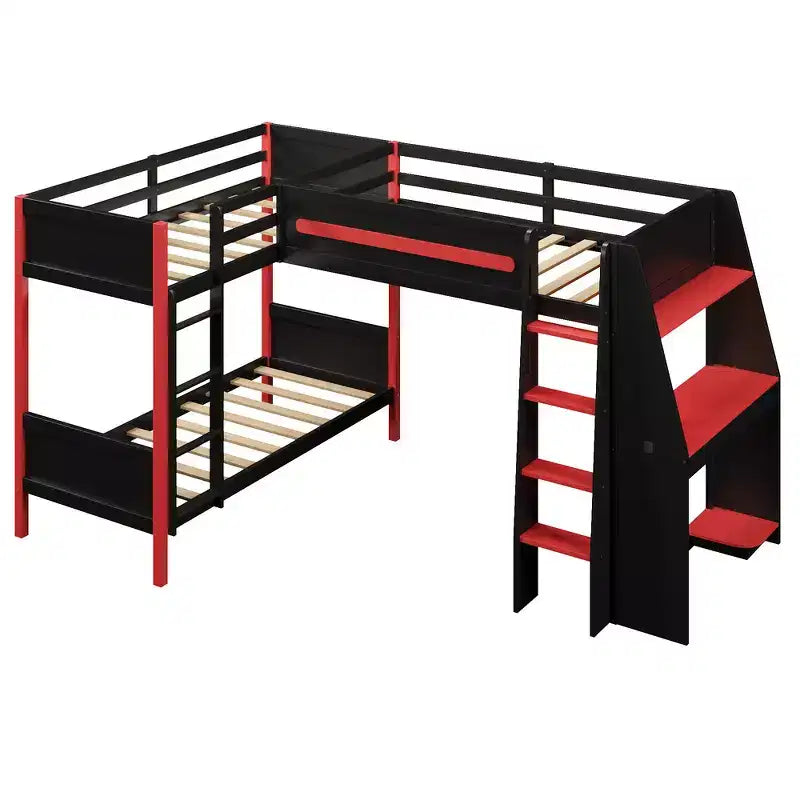 Twin Size L-Shaped Bunk Bed with Twin Size Gaming Loft Bed Frame, Built-in Desk, Shelves - Black & Red