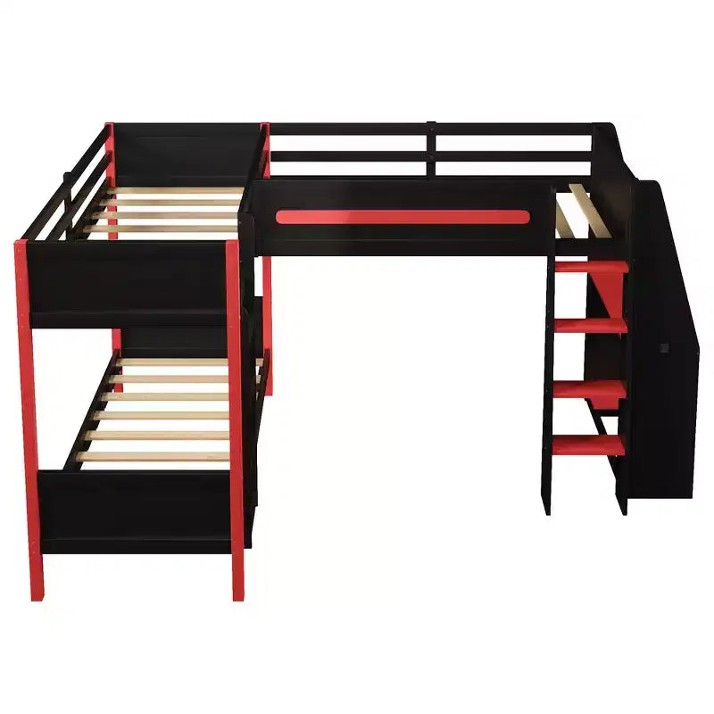 Twin Size L-Shaped Bunk Bed with Twin Size Gaming Loft Bed Frame, Built-in Desk, Shelves - Black & Red