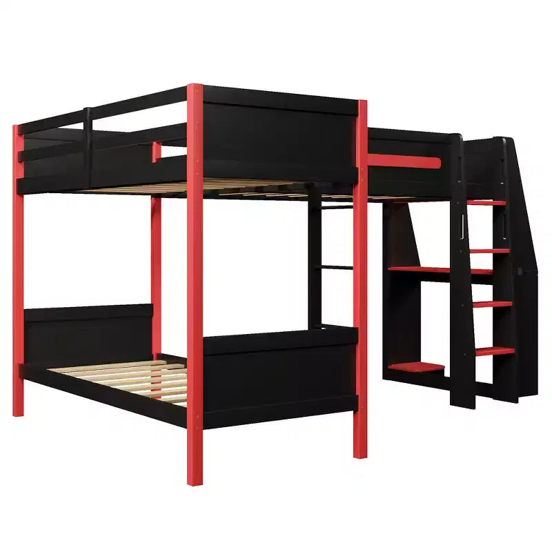 Twin Size L-Shaped Bunk Bed with Twin Size Gaming Loft Bed Frame, Built-in Desk, Shelves - Black & Red