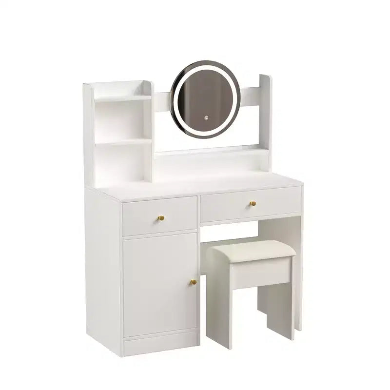Vanity Desk with LED Lighted Mirror, Modern Bedroom Makeup Table, 3 Lighting Modes & Adjustable Brightness, Cabinet & Upholstered Stool Included