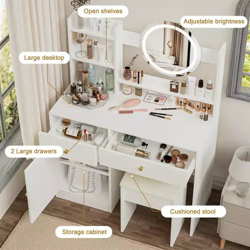 Vanity Desk with LED Lighted Mirror, Modern Bedroom Makeup Table, 3 Lighting Modes & Adjustable Brightness, Cabinet & Upholstered Stool Included
