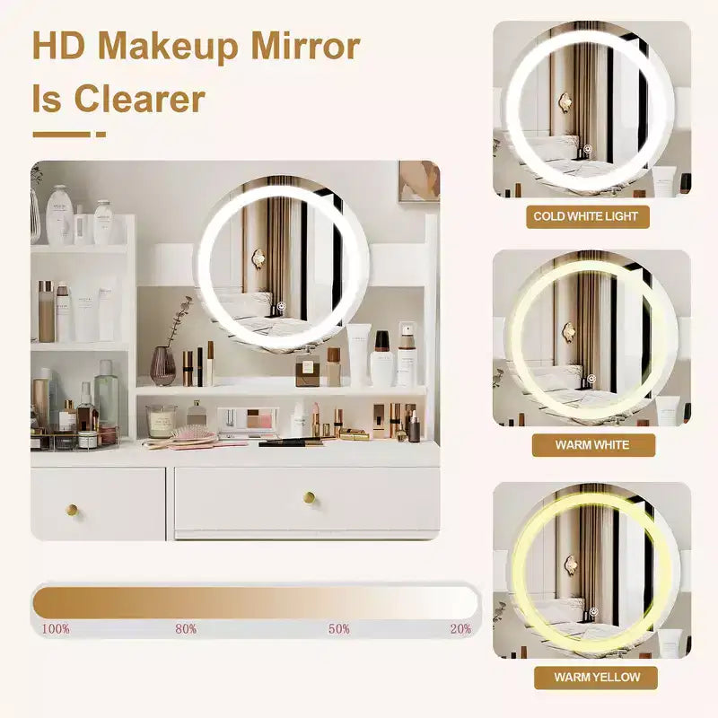 Vanity Desk with LED Lighted Mirror, Modern Bedroom Makeup Table, 3 Lighting Modes & Adjustable Brightness, Cabinet & Upholstered Stool Included