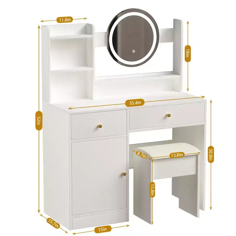 Vanity Desk with LED Lighted Mirror, Modern Bedroom Makeup Table, 3 Lighting Modes & Adjustable Brightness, Cabinet & Upholstered Stool Included