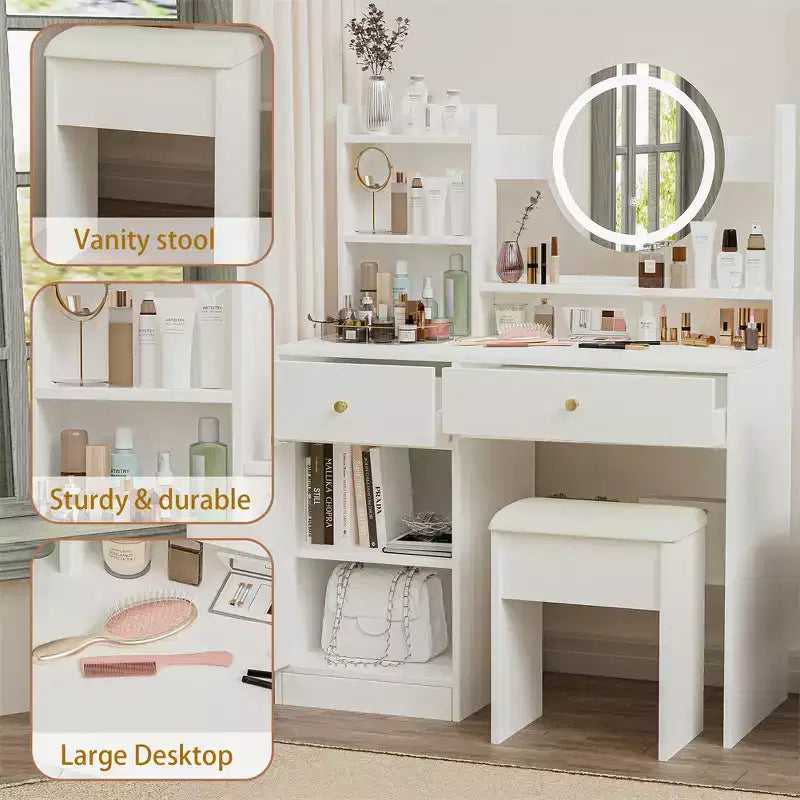 Vanity Desk with LED Lighted Mirror, Modern Bedroom Makeup Table, 3 Lighting Modes & Adjustable Brightness, Cabinet & Upholstered Stool Included