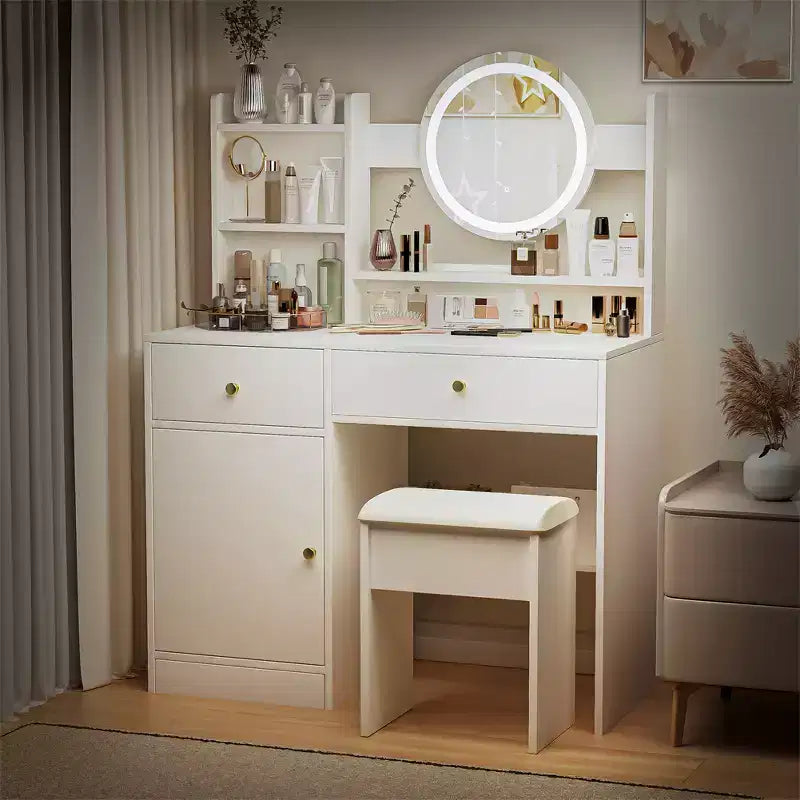 Vanity Desk with LED Lighted Mirror, Modern Bedroom Makeup Table, 3 Lighting Modes & Adjustable Brightness, Cabinet & Upholstered Stool Included