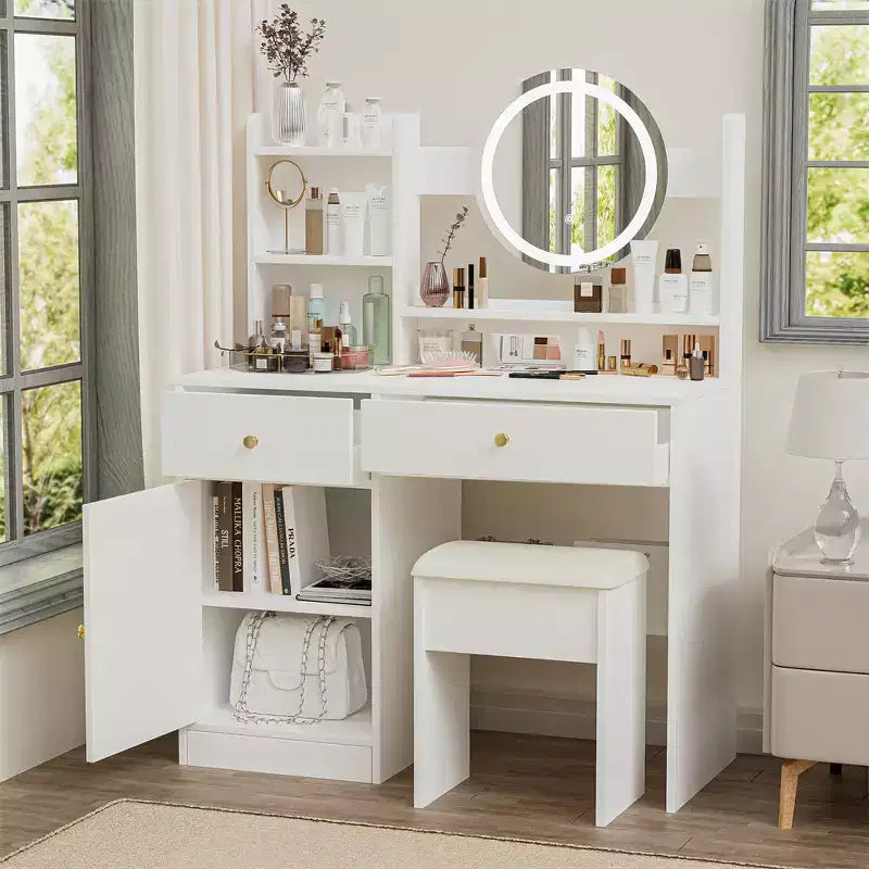 Vanity Desk with LED Lighted Mirror, Modern Bedroom Makeup Table, 3 Lighting Modes & Adjustable Brightness, Cabinet & Upholstered Stool Included