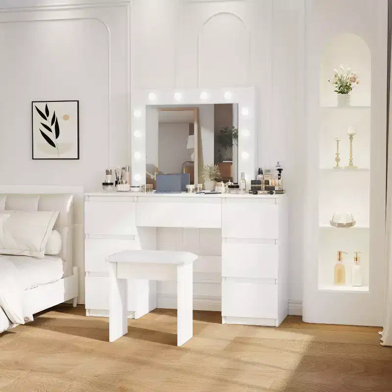 Vanity Desk with Mirror and Lights, 3 Color Lighting Modes, Makeup Vanity Table with 4 Storage Drawers, Makeup Table for Bedroom