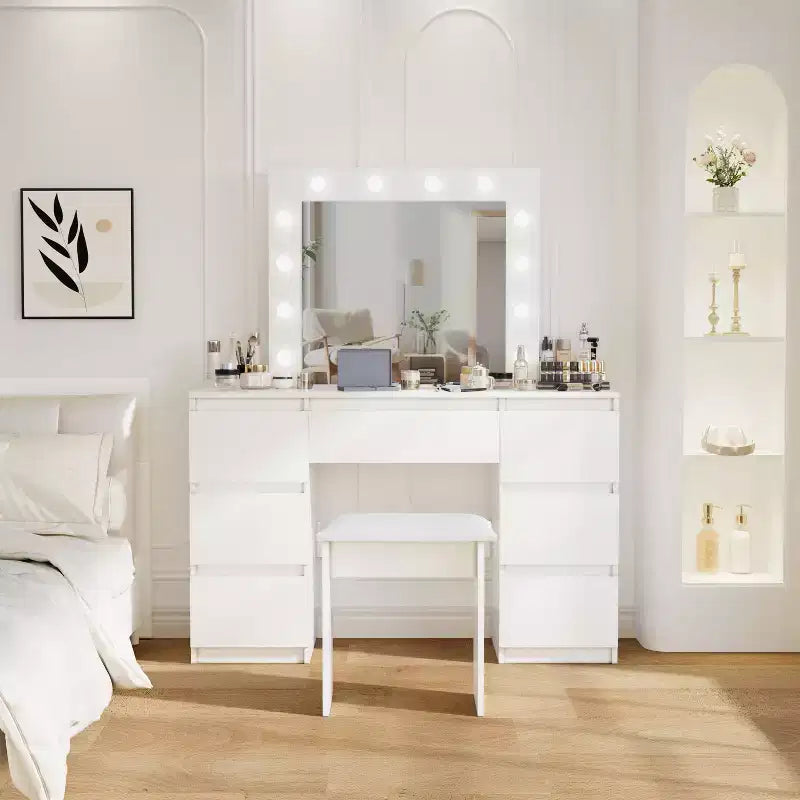 Vanity Desk with Mirror and Lights, 3 Color Lighting Modes, Makeup Vanity Table with 4 Storage Drawers, Makeup Table for Bedroom