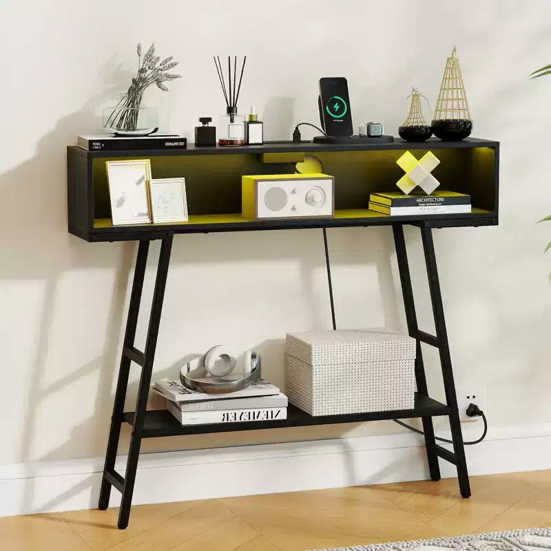  40'' Console Table w/ Power Strip 3-Tier Entryway Table w/ RGB LED Lights Black
