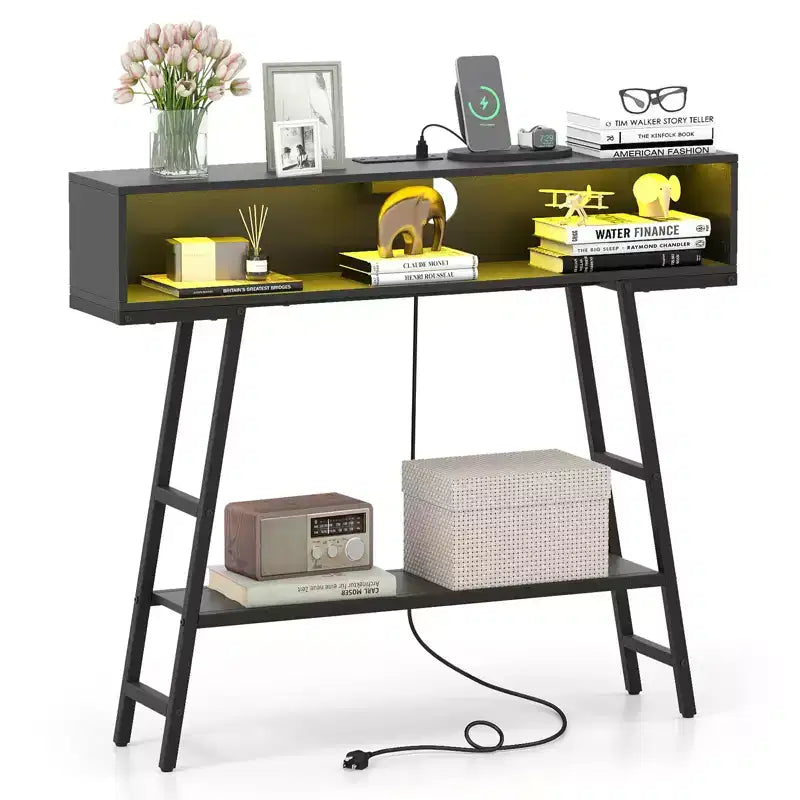 40'' Console Table w/ Power Strip 3-Tier Entryway Table w/ RGB LED Lights Black