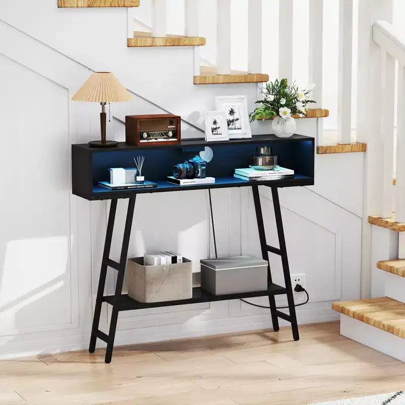 40'' Console Table w/ Power Strip 3-Tier Entryway Table w/ RGB LED Lights Black