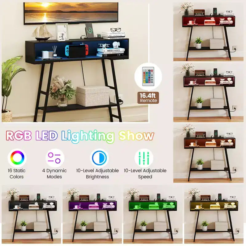 40'' Console Table w/ Power Strip 3-Tier Entryway Table w/ RGB LED Lights Black