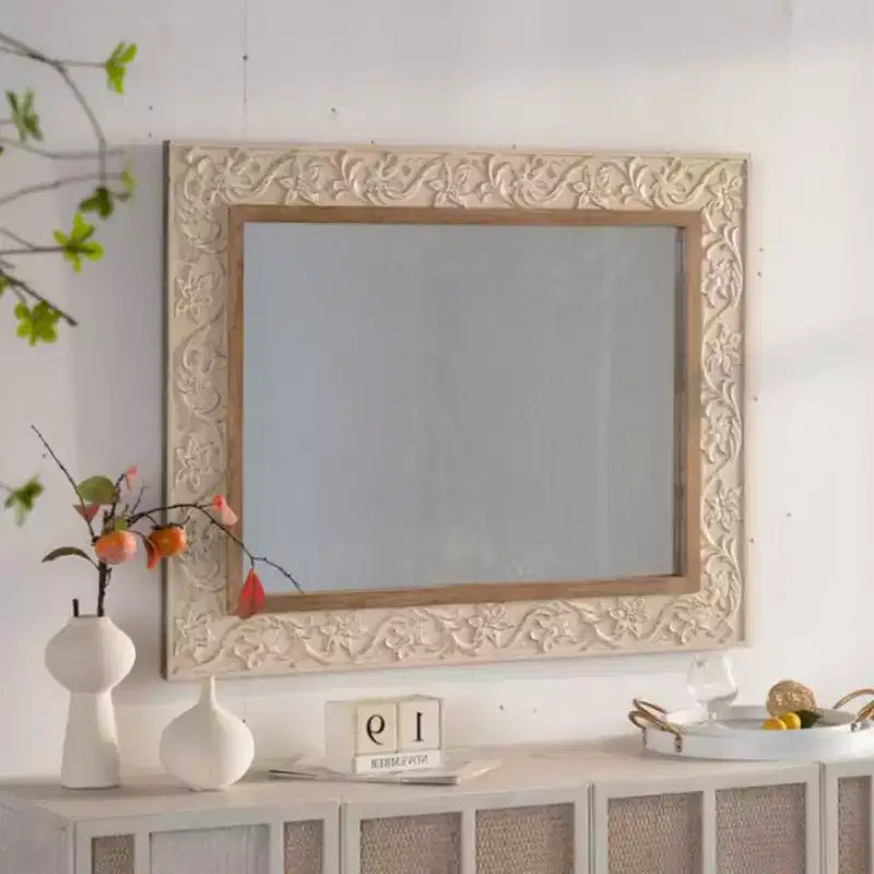 38 x 30 Vintage Rectangular Decorative Wall Mirror with Carved Pattern Frame, Wall-Mounted Mirror for Living Room or Entryway Dcor-