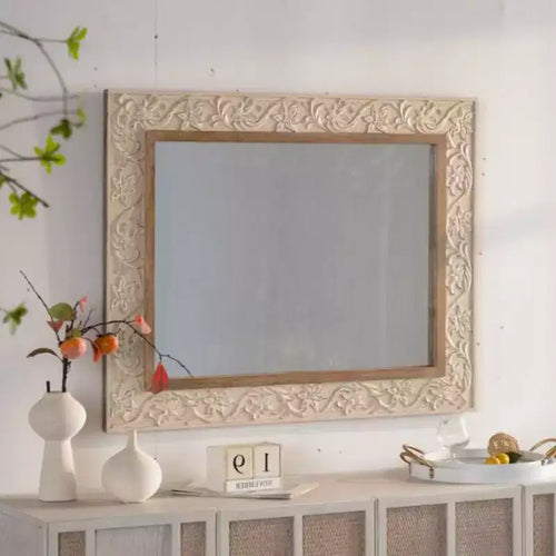 38 x 30 Vintage Rectangular Decorative Wall Mirror with Carved Pattern Frame, Wall-Mounted Mirror for Living Room or Entryway Dcor-