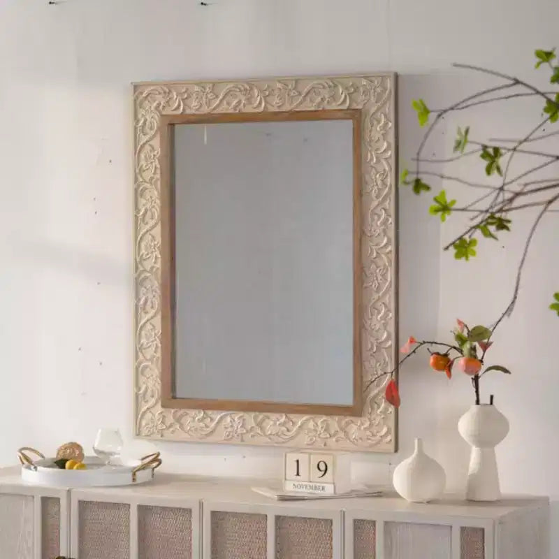 38 x 30 Vintage Rectangular Decorative Wall Mirror with Carved Pattern Frame, Wall-Mounted Mirror for Living Room or Entryway Dcor-