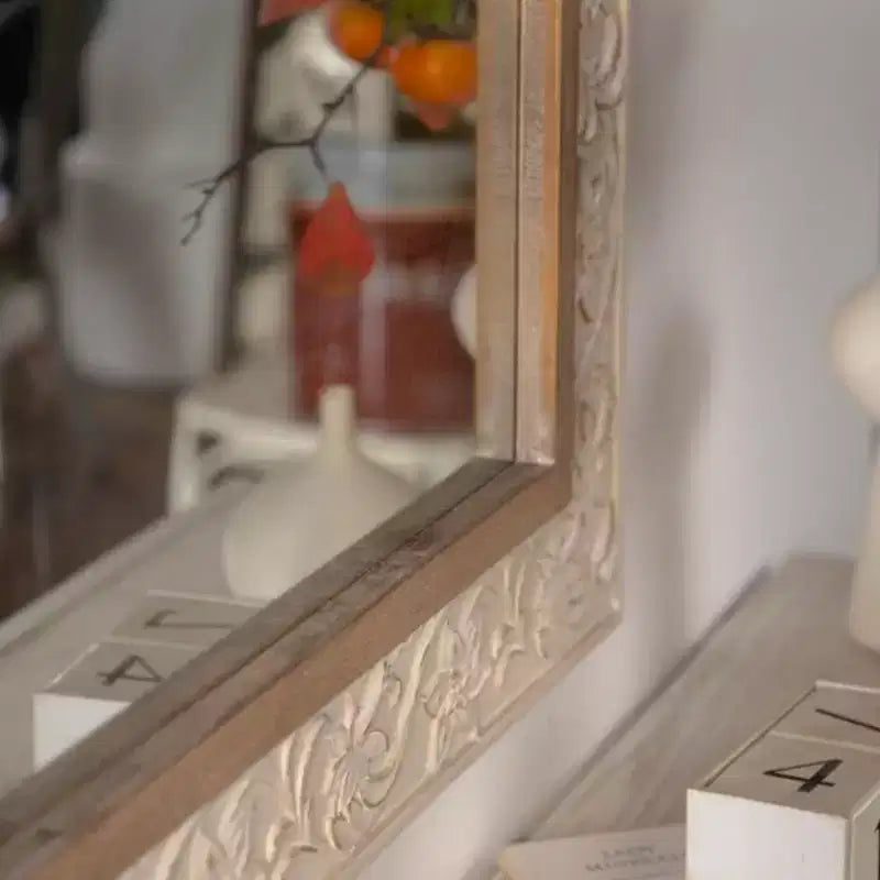 38 x 30 Vintage Rectangular Decorative Wall Mirror with Carved Pattern Frame, Wall-Mounted Mirror for Living Room or Entryway Dcor-