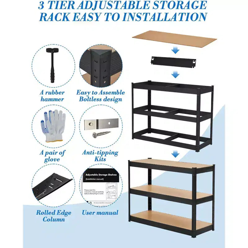 Storage Shelves, 3 Tier Heavy Duty Adjustable Metal Shelving Unit, Industrial Utility Rack for Garage Warehouse Pantry Closet