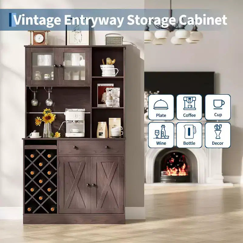 Coffee Bar Cabinet with Exquisite Barn Doors, Sideboard Buffet Cabinet with Wine Bottle Rack, Storage Cabinet for Kitchen,Dining Room