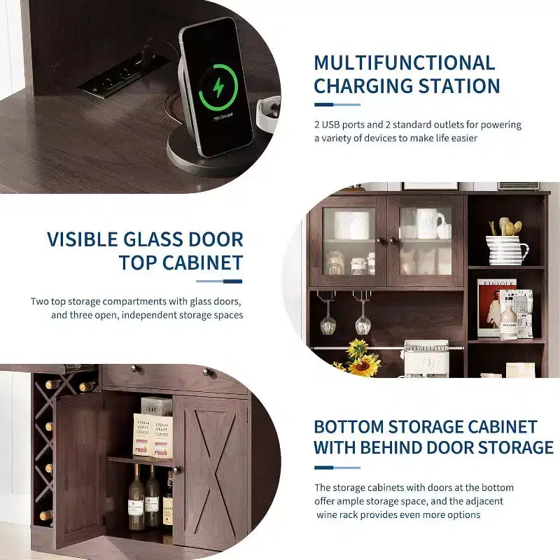 Coffee Bar Cabinet with Exquisite Barn Doors, Sideboard Buffet Cabinet with Wine Bottle Rack, Storage Cabinet for Kitchen,Dining Room