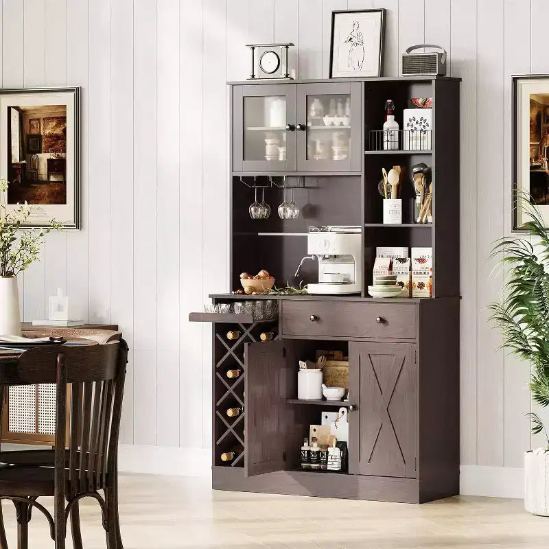Coffee Bar Cabinet with Exquisite Barn Doors, Sideboard Buffet Cabinet with Wine Bottle Rack, Storage Cabinet for Kitchen,Dining Room