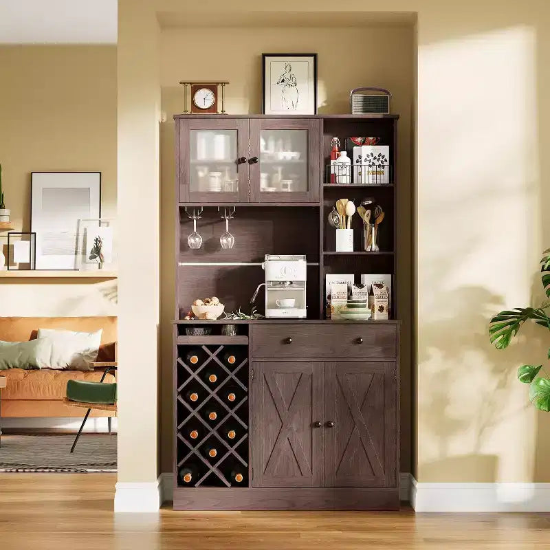 Coffee Bar Cabinet with Exquisite Barn Doors, Sideboard Buffet Cabinet with Wine Bottle Rack, Storage Cabinet for Kitchen,Dining Room