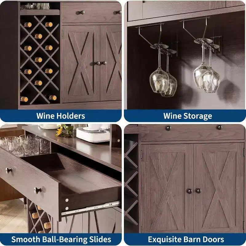 Coffee Bar Cabinet with Exquisite Barn Doors, Sideboard Buffet Cabinet with Wine Bottle Rack, Storage Cabinet for Kitchen,Dining Room