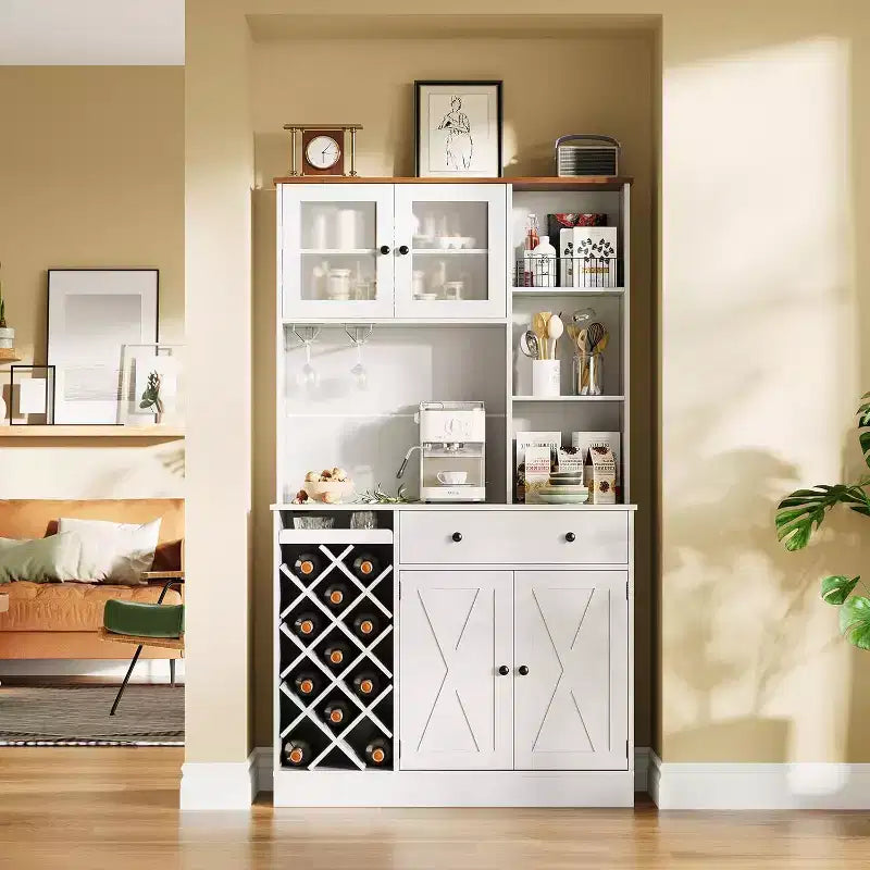 Coffee Bar Cabinet with Exquisite Barn Doors, Sideboard Buffet Cabinet with Wine Bottle Rack, Storage Cabinet for Kitchen,Dining Room