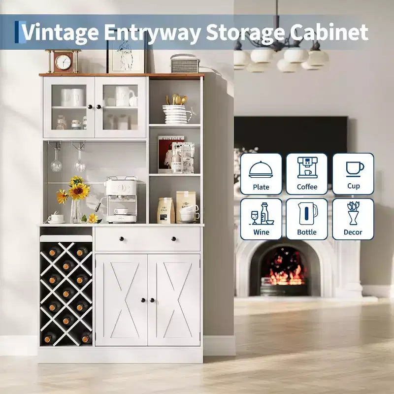 Coffee Bar Cabinet with Exquisite Barn Doors, Sideboard Buffet Cabinet with Wine Bottle Rack, Storage Cabinet for Kitchen,Dining Room