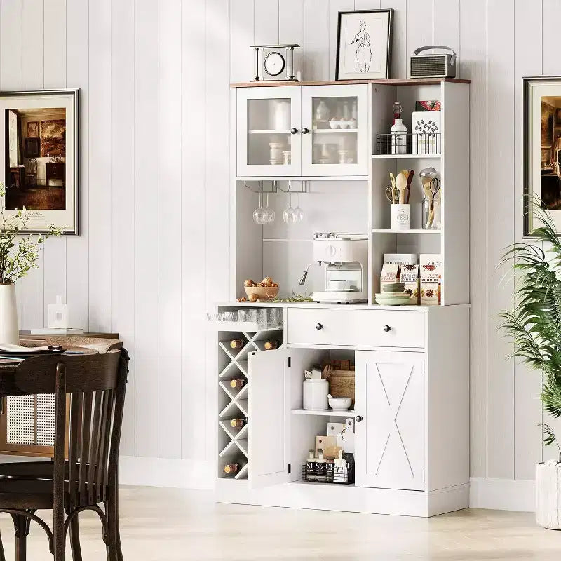 Coffee Bar Cabinet with Exquisite Barn Doors, Sideboard Buffet Cabinet with Wine Bottle Rack, Storage Cabinet for Kitchen,Dining Room