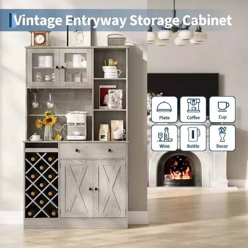 Coffee Bar Cabinet with Exquisite Barn Doors, Sideboard Buffet Cabinet with Wine Bottle Rack, Storage Cabinet for Kitchen,Dining Room