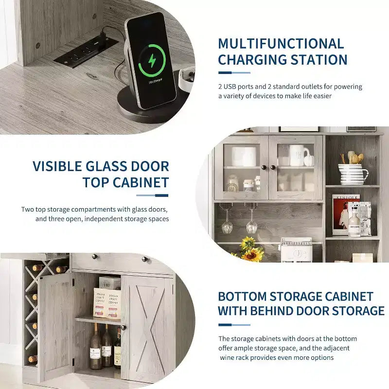 Coffee Bar Cabinet with Exquisite Barn Doors, Sideboard Buffet Cabinet with Wine Bottle Rack, Storage Cabinet for Kitchen,Dining Room