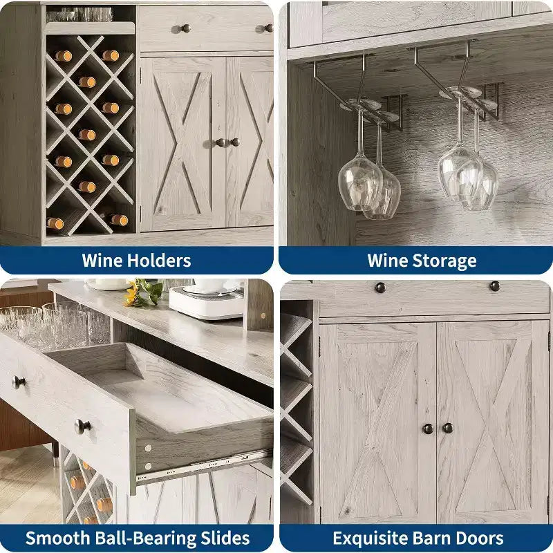 Coffee Bar Cabinet with Exquisite Barn Doors, Sideboard Buffet Cabinet with Wine Bottle Rack, Storage Cabinet for Kitchen,Dining Room