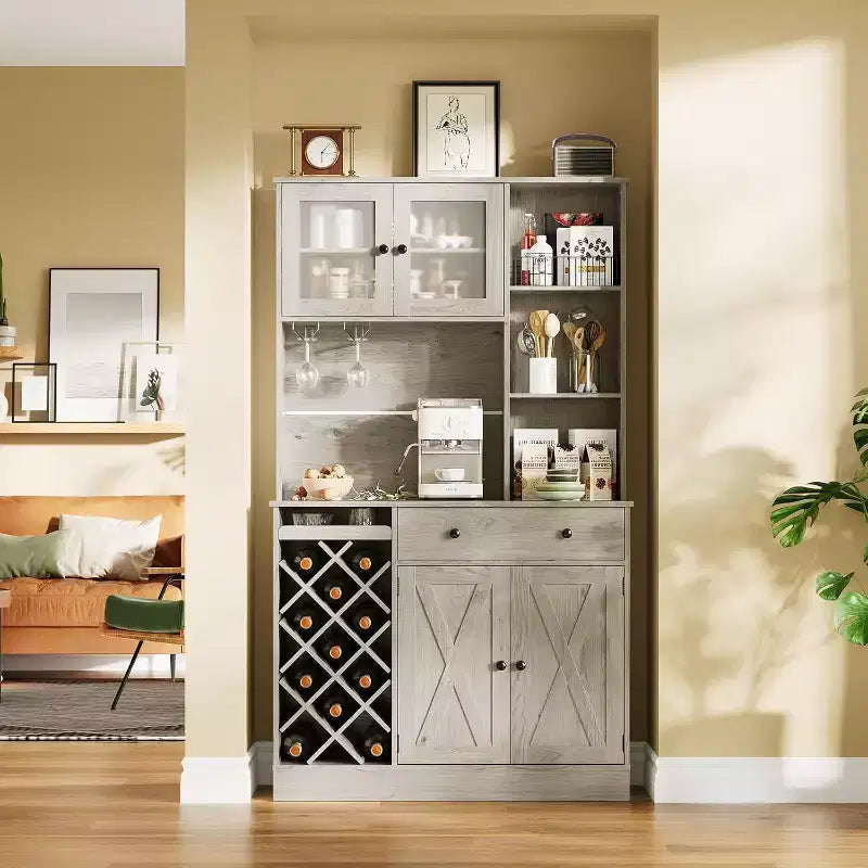 Coffee Bar Cabinet with Exquisite Barn Doors, Sideboard Buffet Cabinet with Wine Bottle Rack, Storage Cabinet for Kitchen,Dining Room