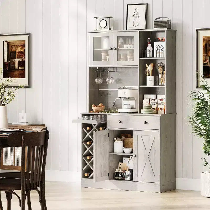 Coffee Bar Cabinet with Exquisite Barn Doors, Sideboard Buffet Cabinet with Wine Bottle Rack, Storage Cabinet for Kitchen,Dining Room