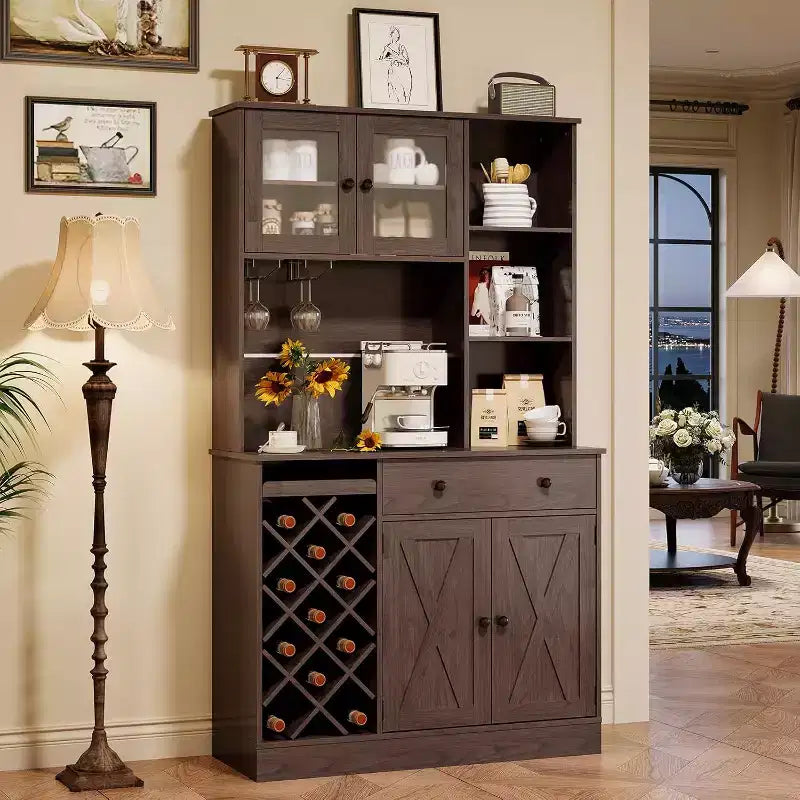 Coffee Bar Cabinet with Exquisite Barn Doors, Sideboard Buffet Cabinet with Wine Bottle Rack, Storage Cabinet for Kitchen,Dining Room