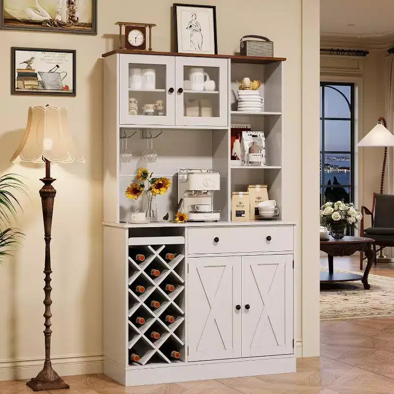 Coffee Bar Cabinet with Exquisite Barn Doors, Sideboard Buffet Cabinet with Wine Bottle Rack, Storage Cabinet for Kitchen,Dining Room
