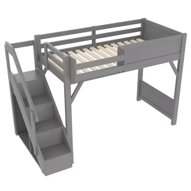 Loft Bed with Built-in Wardrobe and Storage Space,Solid Wood Loft Bed Frame with Beside Shelves, Full-length Guardrail and Stair,