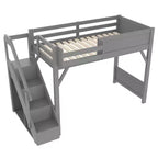 Letto a soppalco con armadio e spazio contenitivo integrati, struttura letto a soppalco in legno massello con mensole laterali, ringhiera a tutta lunghezza e scala.
